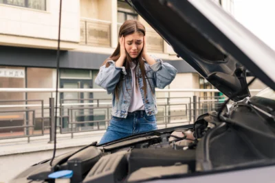 Mujer desesperada ante la avería de su coche